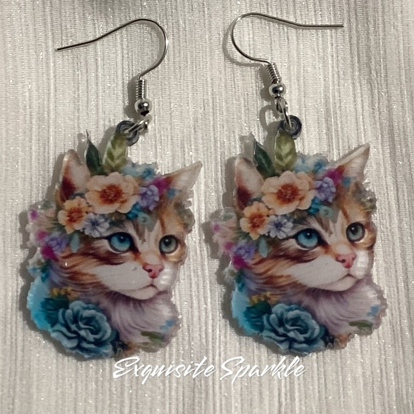 🌸😸Acrylic Hook Drop Beautiful Floral Cat Dangle Drop Earrings - Picture 1 of 10